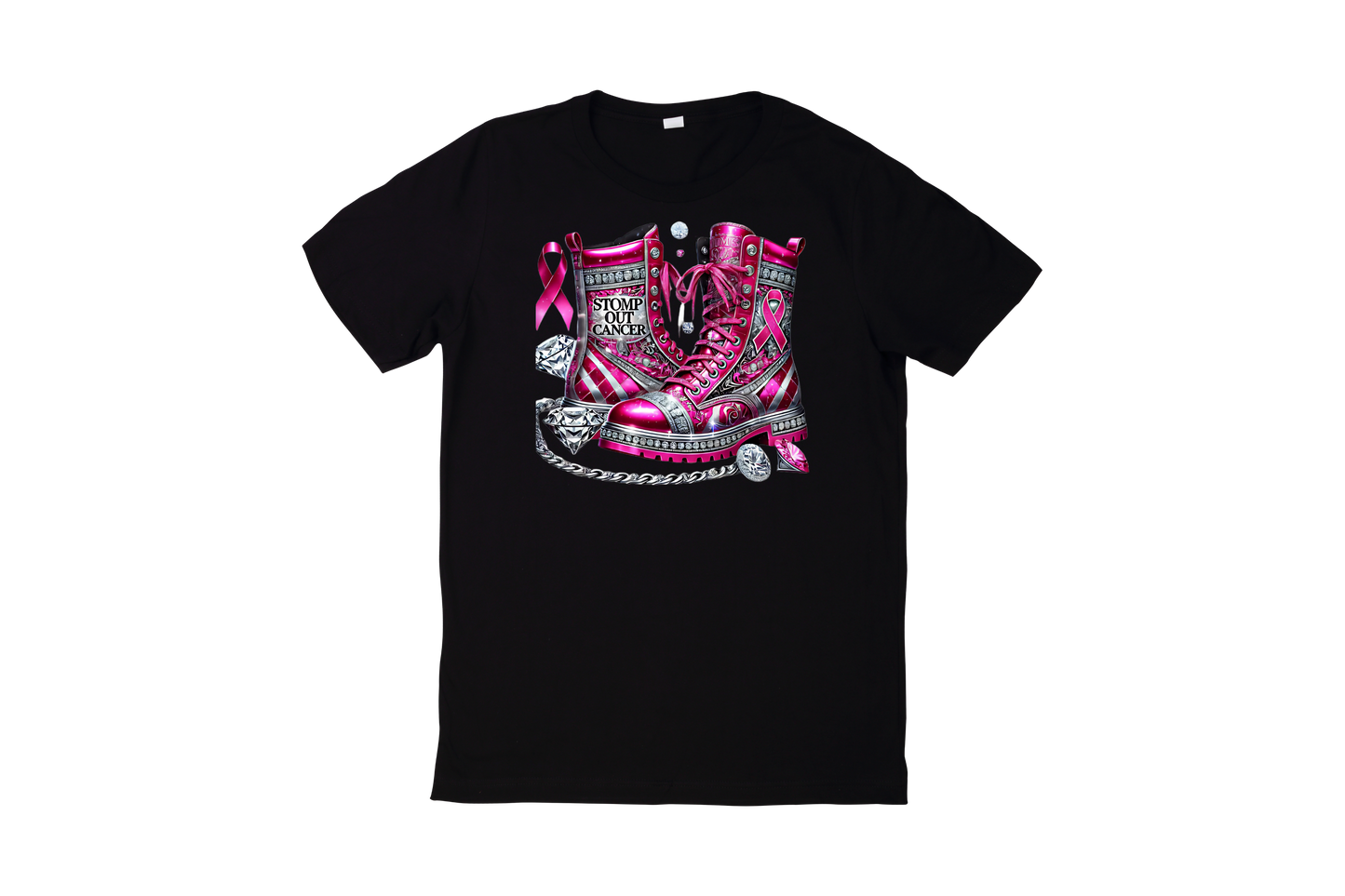 Black t-shirt with pink graphic design on a white background