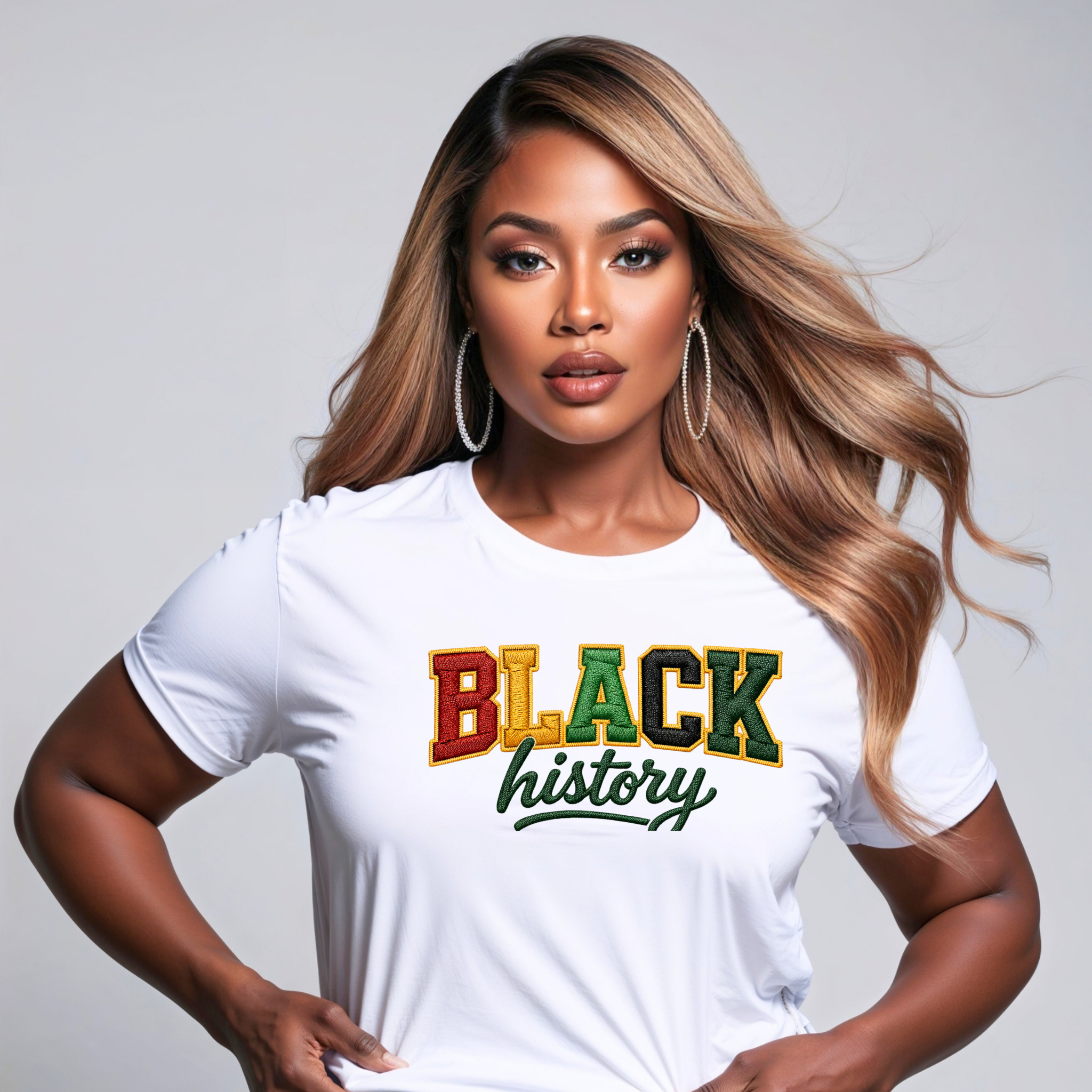 FAUX EMBROIDERY BLACK HISTORY Front Design T-Shirt - Graphic Tee