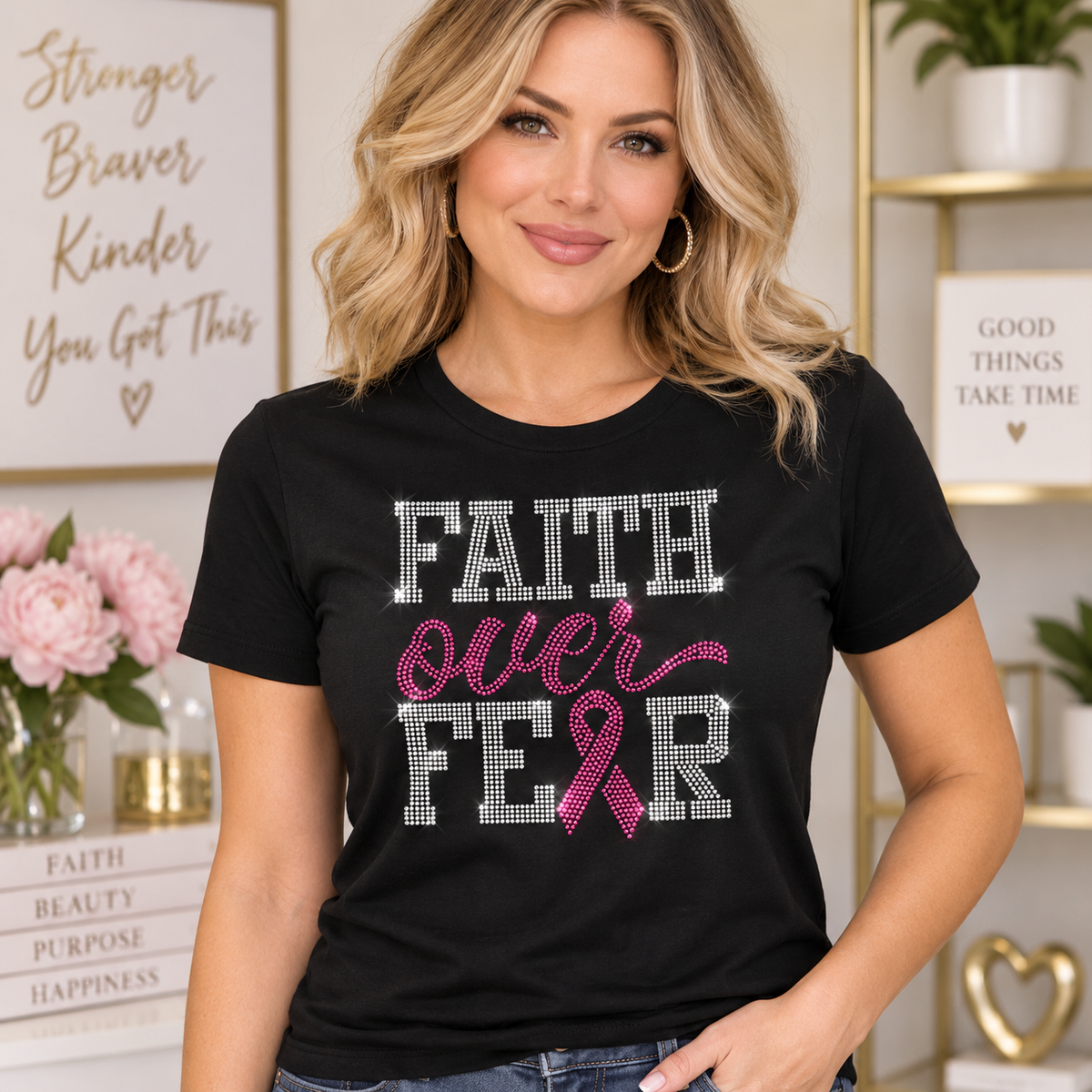 Rhinestone Breast Cancer Awareness T-Shirt | Faith Over Fear