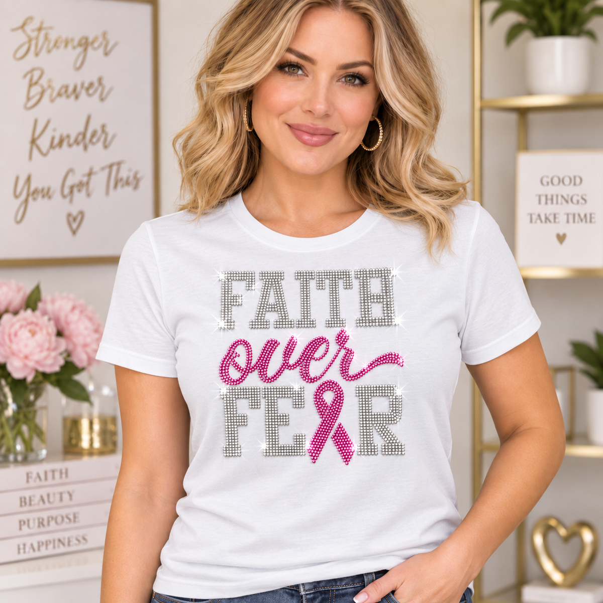 Rhinestone Breast Cancer Awareness T-Shirt | Faith Over Fear