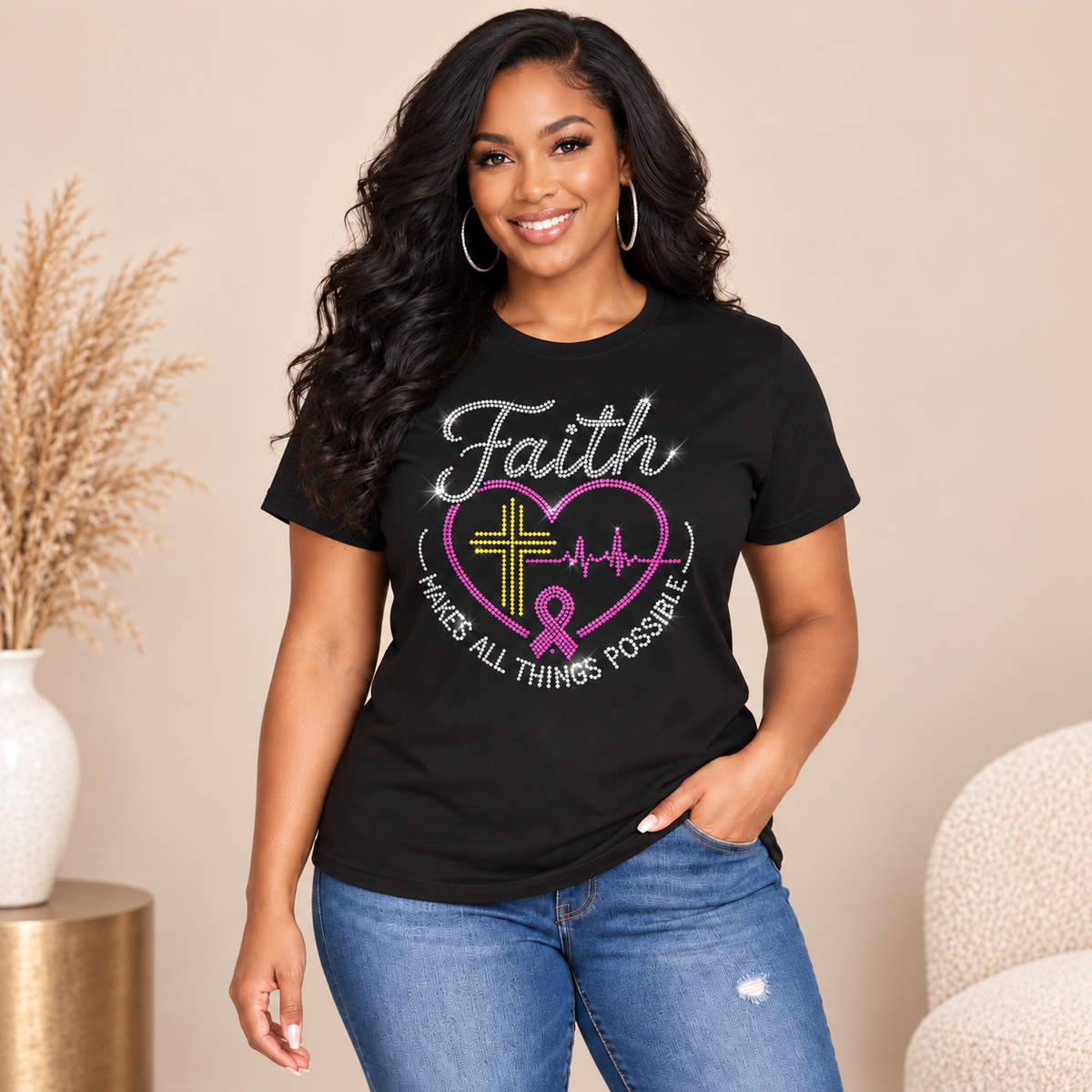 Rhinestone Breast Cancer Awareness T-Shirt | Pink Ribbon