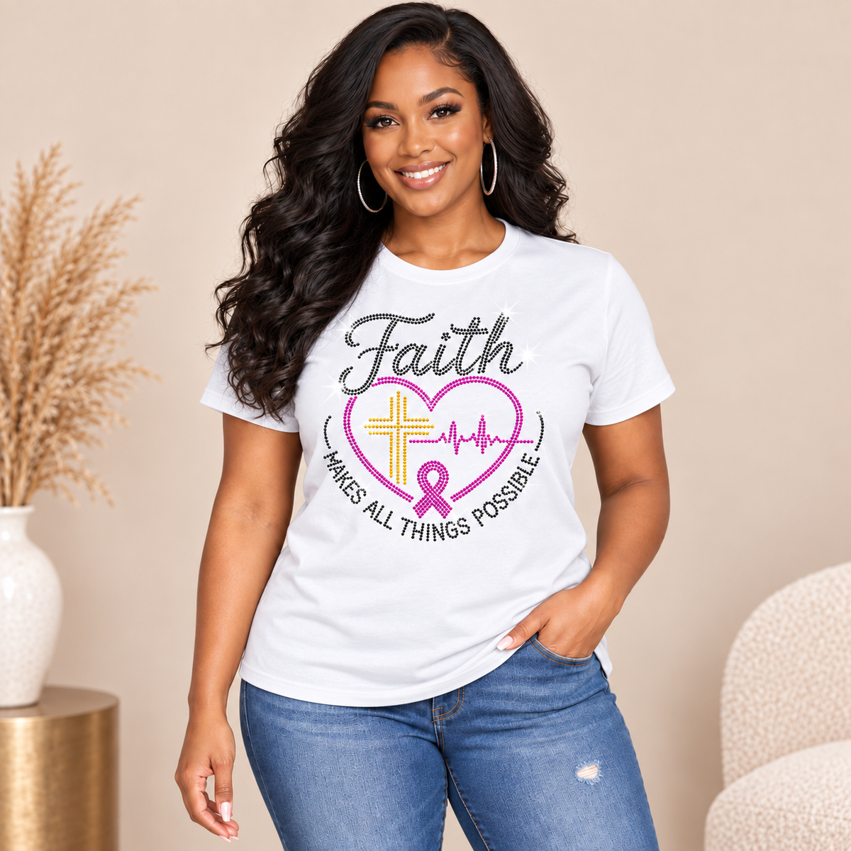 Rhinestone Breast Cancer Awareness T-Shirt | Pink Ribbon