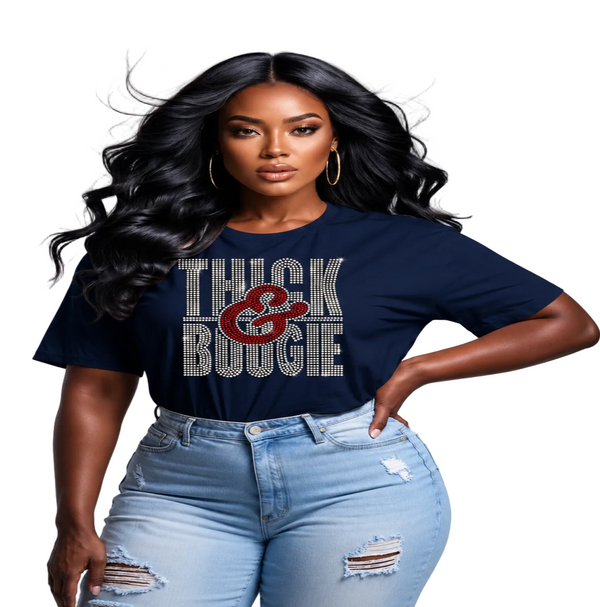 THICK AND BOUGIE Rhinestone Front Design T-Shirt Bling Graphic Tee