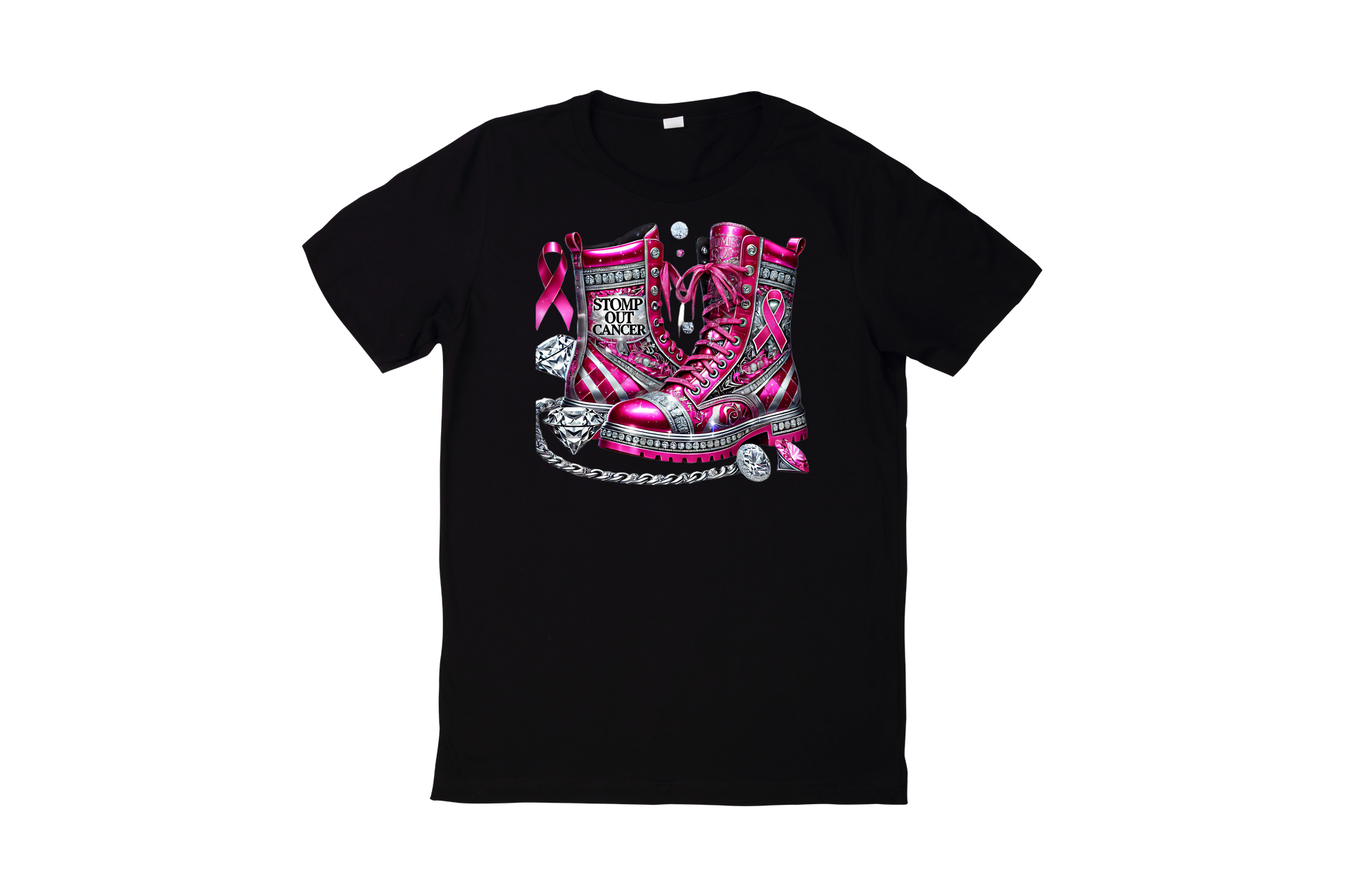 Black t-shirt with pink graphic design on a white background