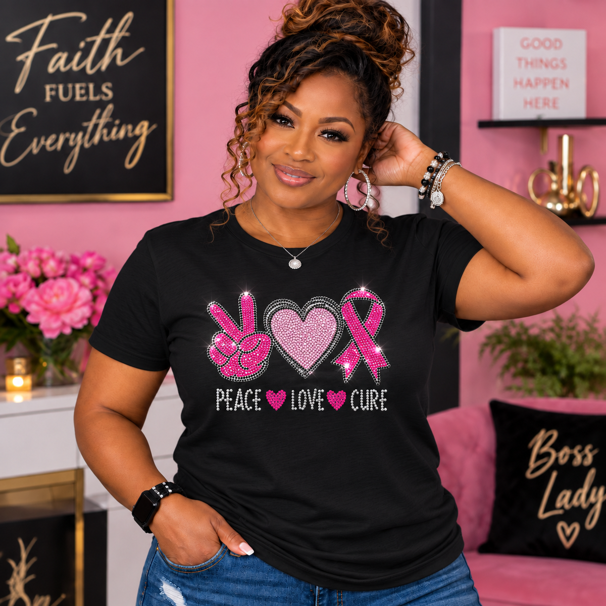 Peace Love Cure Rhinestone Breast Cancer Awareness T-Shirt