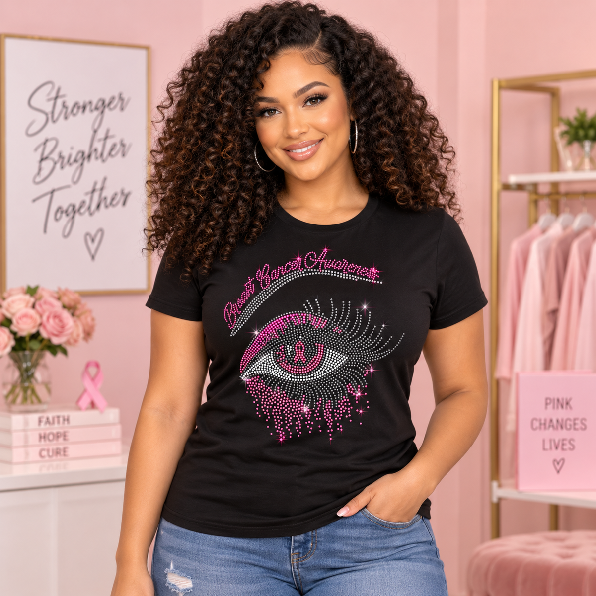 Rhinestone Breast Cancer Awareness T-Shirt | Eye Design