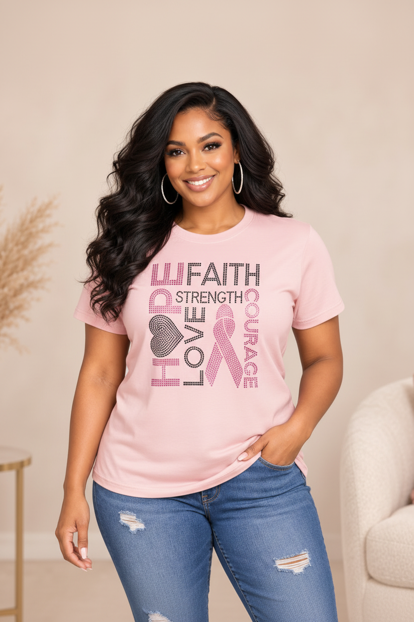 Pink rhinestone pink-ribbon T-shirt featuring Faith, Strength, Courage, Love, and Hope