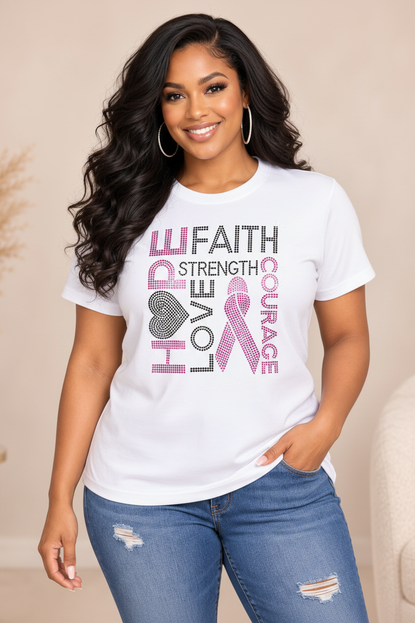White rhinestone pink-ribbon T-shirt featuring Faith, Strength, Courage, Love, and Hope