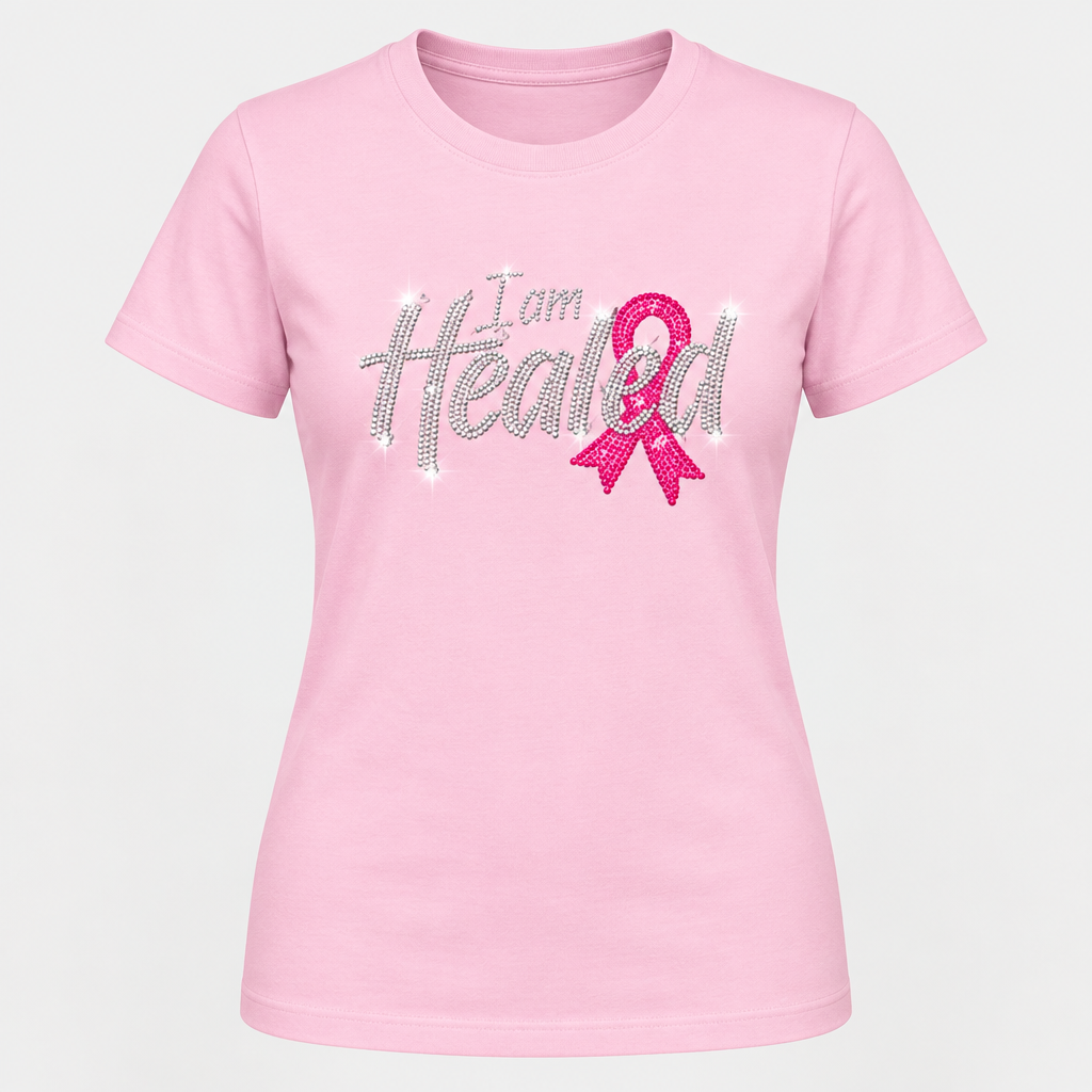 I Am Healed rhinestone breast cancer awareness design on a light pink T-shirt
