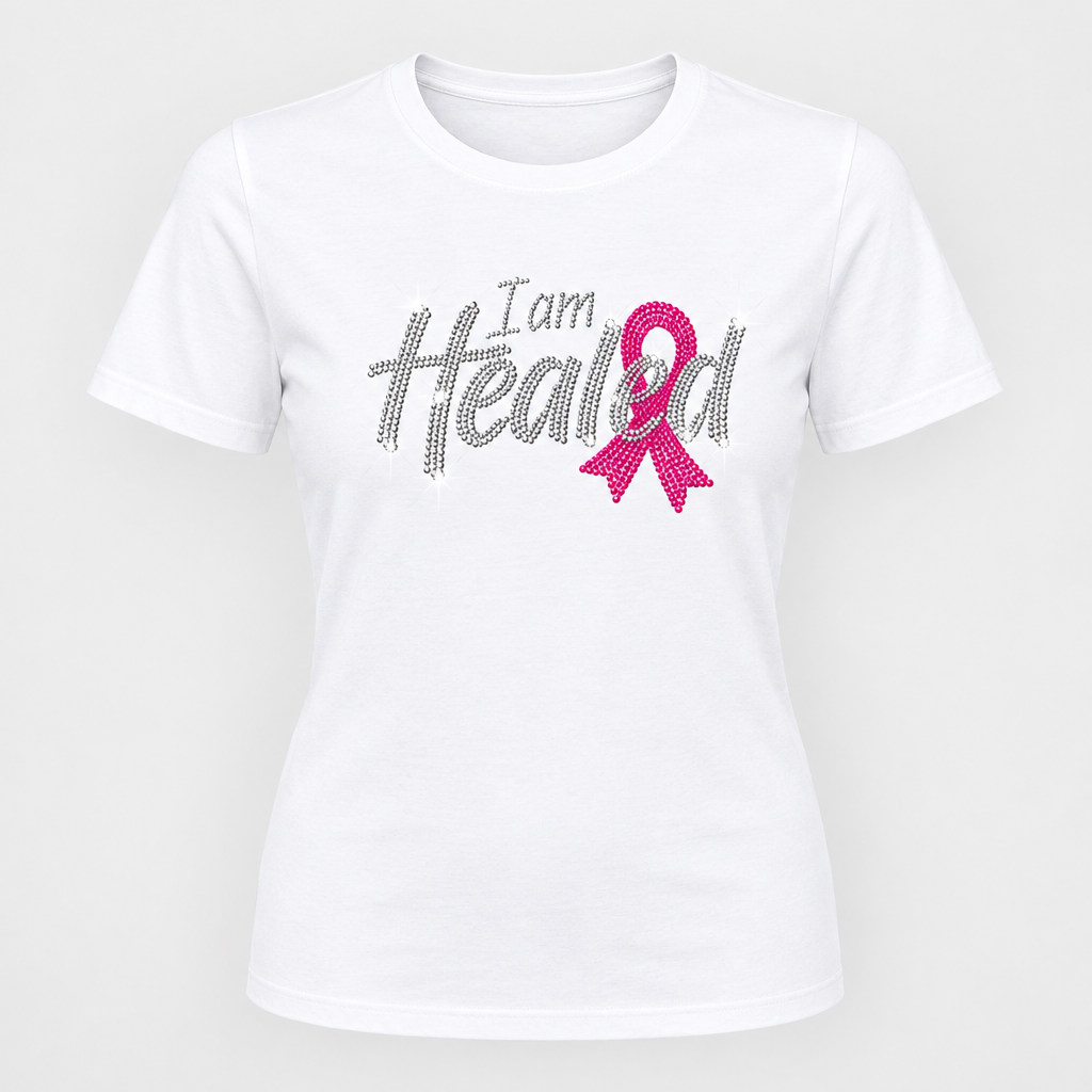 I Am Healed rhinestone breast cancer awareness design on a white T-shirt