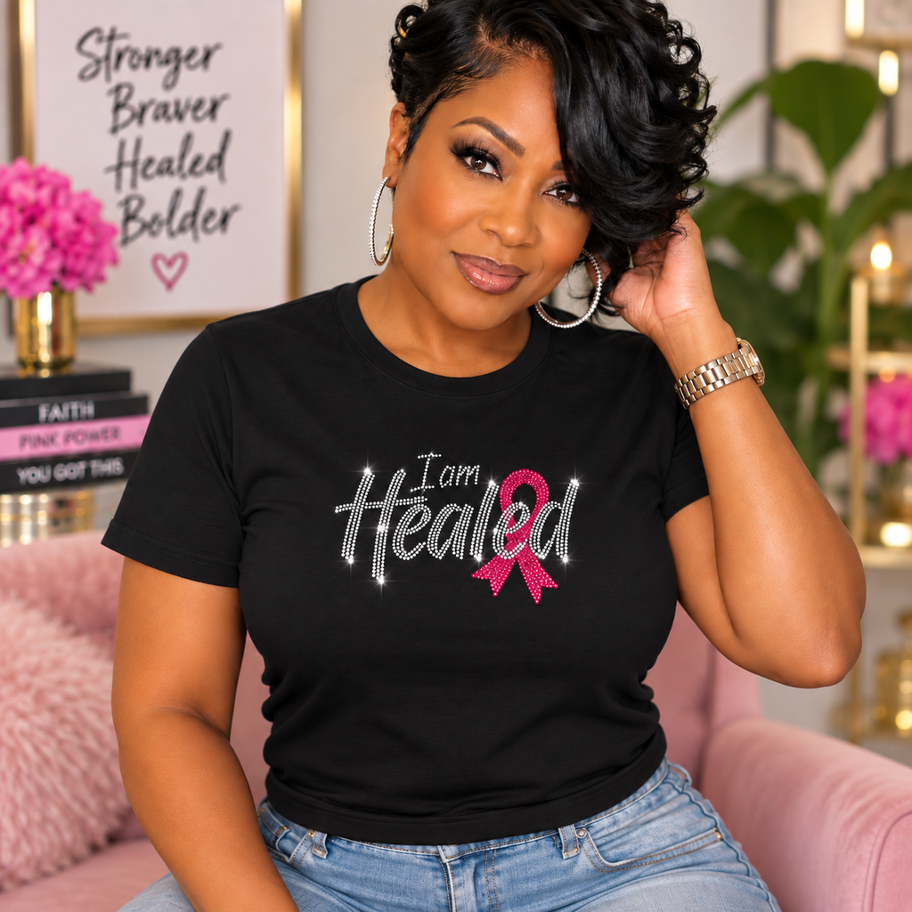 I Am Healed Rhinestone Breast Cancer Awareness T-Shirt