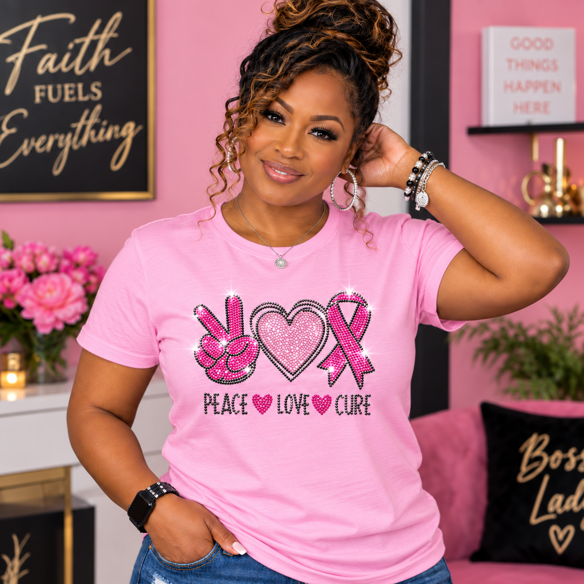 Peace Love Cure Rhinestone Breast Cancer Awareness T-Shirt