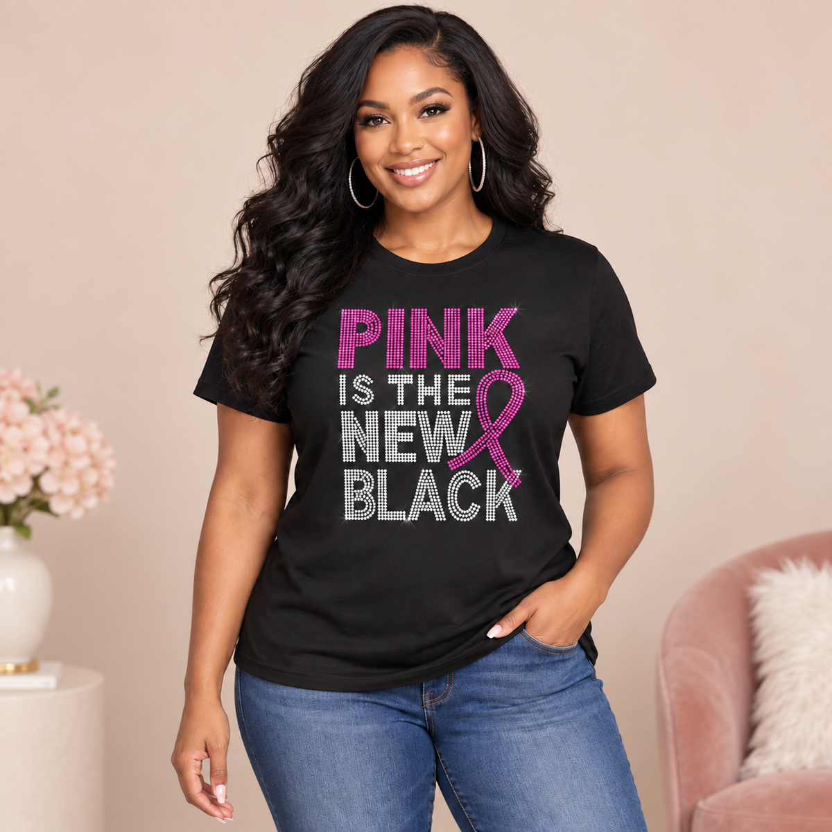 Rhinestone Breast Cancer Awareness T-Shirt | Pink Is the New Black