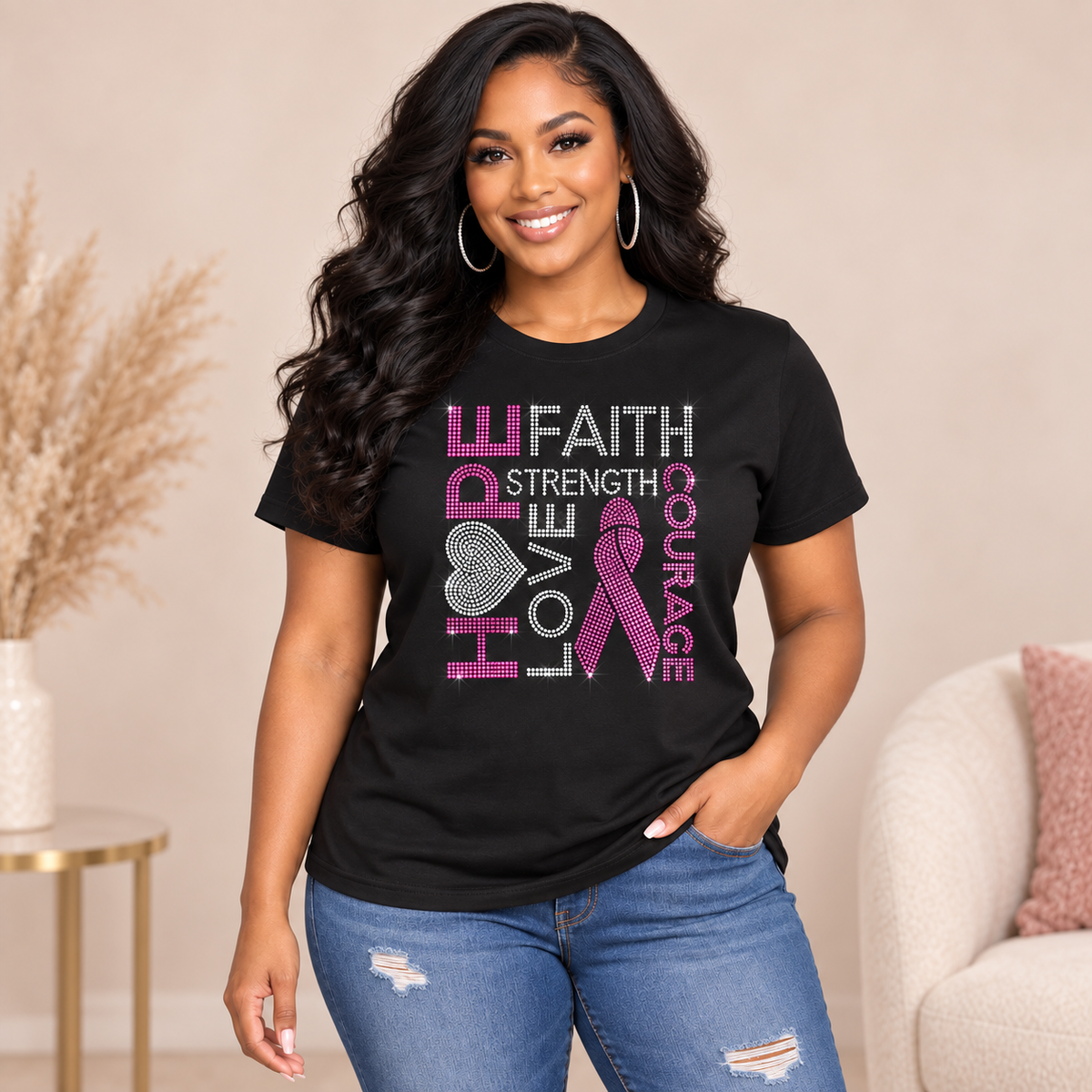 Rhinestone Breast Cancer Awareness T-Shirt | Faith Strength Courage
