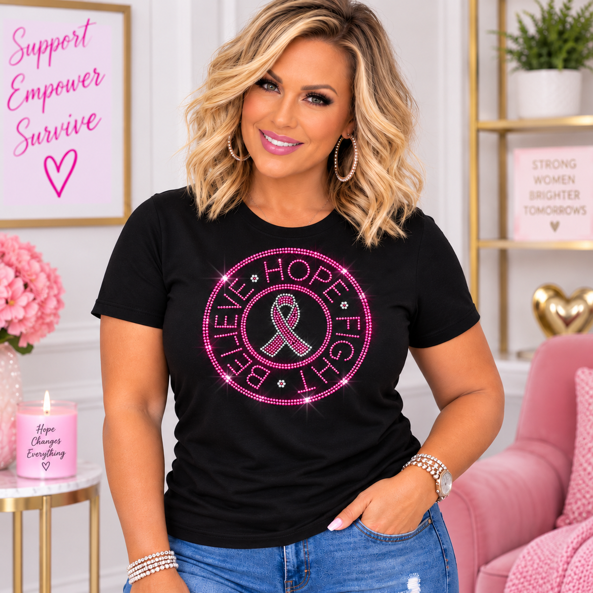 Believe Hope Fight Pink Ribbon Awareness T-Shirt