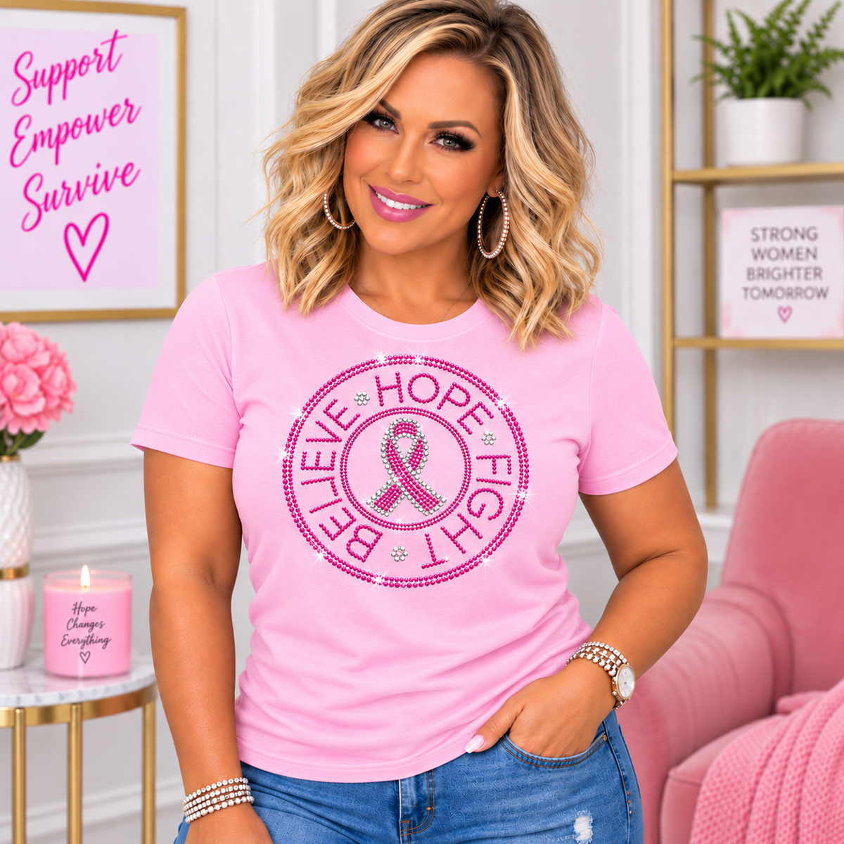 Believe Hope Fight Pink Ribbon Awareness T-Shirt